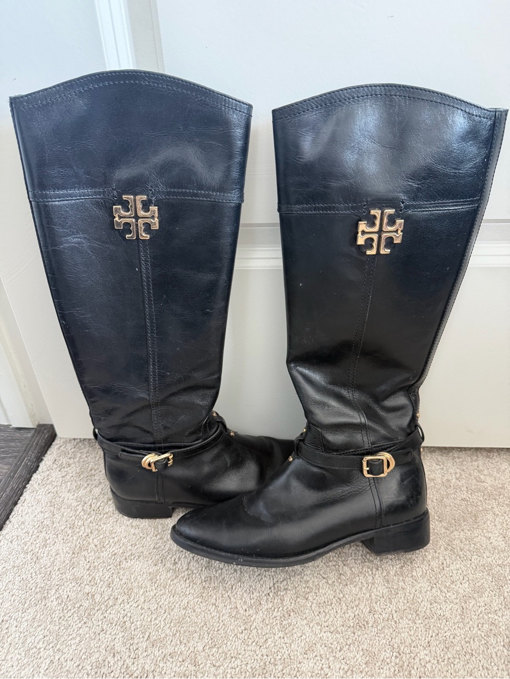 Tory Burch Black Leather Knee-High Boots with Gold Logo